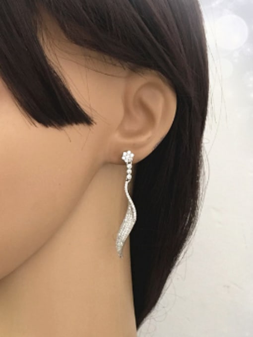 Wei Jia Simple Shiny Zirconias-studded Slim Leaf Copper Stud Earrings 1