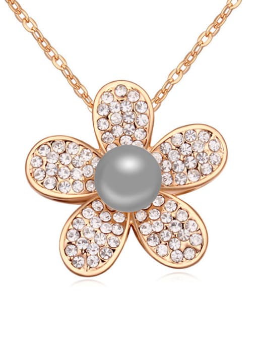 grey Fashion White Tiny Crystals-covered Flower Imitation Pearl Alloy Necklace