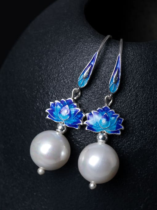 SILVER MI Ethnic style Shell Pearl Blue Lotus Flower 925 Silver Earrings 1