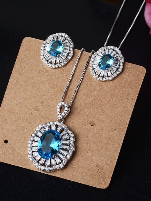 blue Copper With Glass stone Classic Oval 2 Piece Jewelry Set