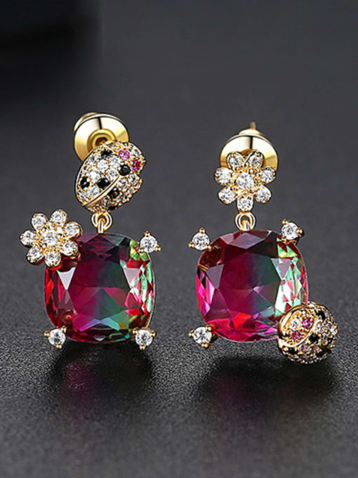red-T04F14 Copper With Cubic Zirconia Cute Insect Ladybug Drop Earrings