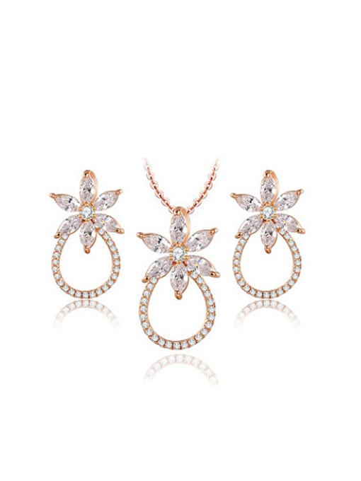 Rose Gold Trendy Rose Gold Plated Flower Shaped AAA Zircon Two Pieces Jewelry Set
