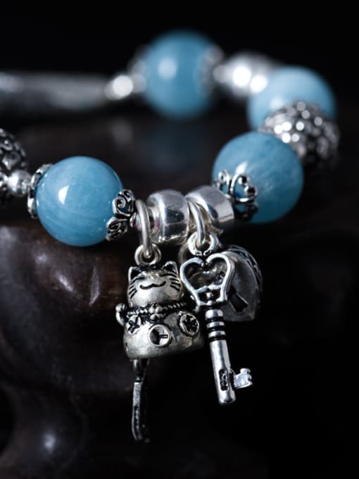 SILVER MI Retro style Natural Blue Beads 925 Silver Bracelet 2