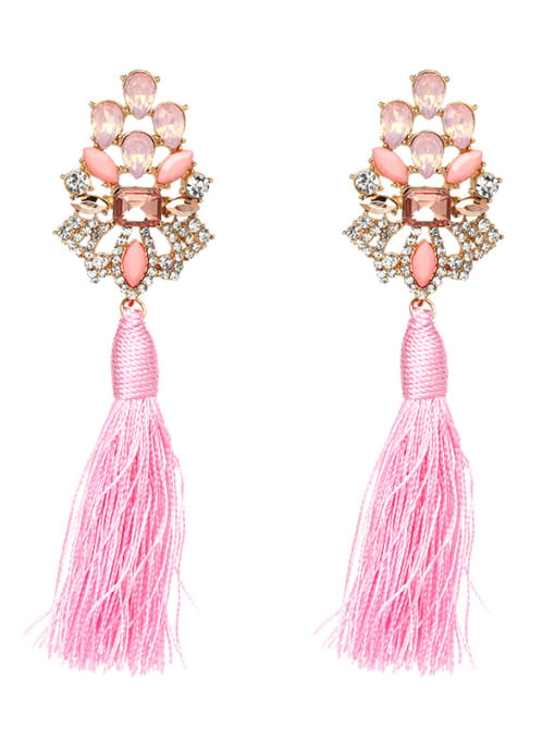 Pink Trendy Geometric Shaped Tassels Zircon Drop Earrings