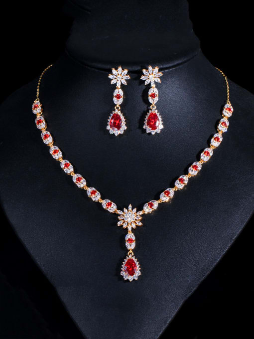 red Copper WithCubic Zirconia Luxury Water Drop Wedding 2 Piece Jewelry Set