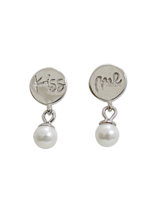 DAKA Personalized White Artificial Pearl Kiss Me Silver Stud Earrings 0