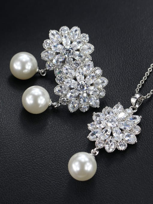 Platinum Zircon Flower Pearl Wedding Jewelry Set