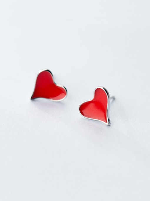 Rosh Exquisite Red Heart Shaped Glue S925 Silver Stud Earrings 0