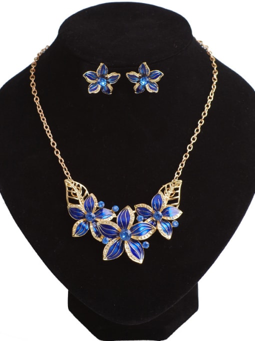 Blue Fashion Elegant Enamel Flowers Cubic Rhinestones Alloy Two Piece Jewelry Set