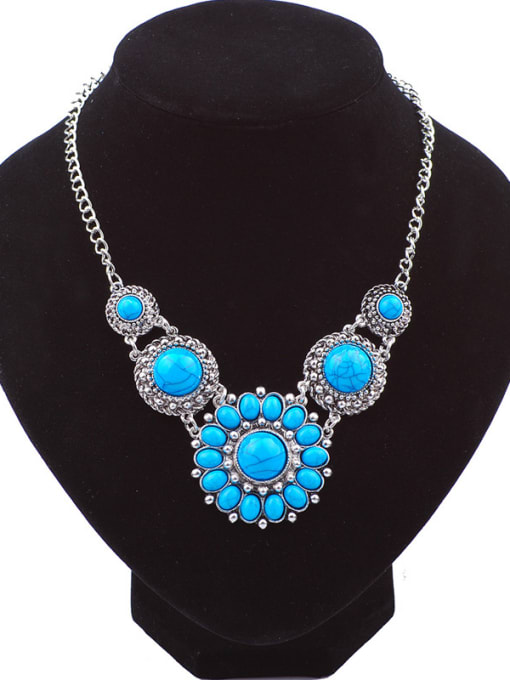 Blue Bohemia Retro style Turquoise stones Flower Alloy Necklace