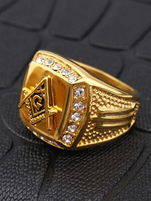 RANSSI Gold Plated Freemason Logo Rhinestones Signet Ring 1
