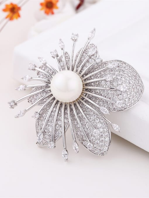 Wei Jia Fashion Imitation Pearl Cubic Zirconias Flower Copper Brocoh