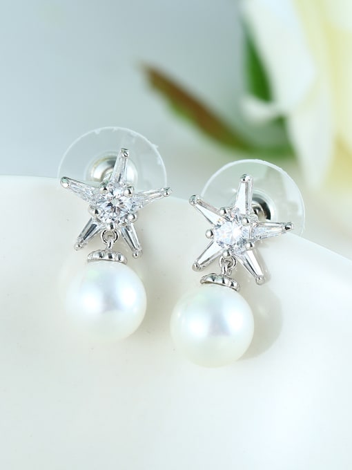 White Fashion Imitation Pearl Little Star Copper Stud Earrings