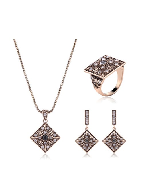 BESTIE Alloy Antique Gold Plated Vintage style Artificial Stones Square Three Pieces Jewelry Set 0
