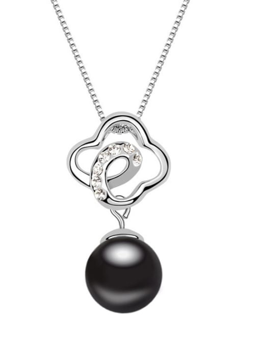 Black Fashion Imitation Pearl-accented Flowery Pendant Alloy Necklace