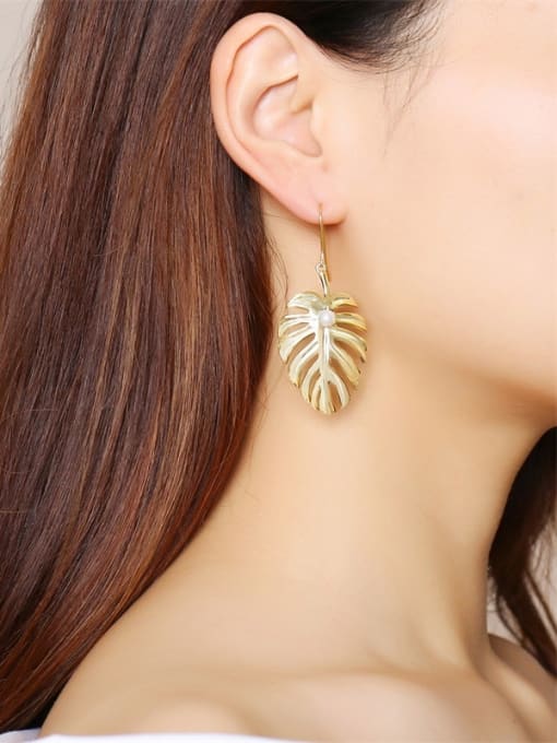 CONG Stainless Steel With Gold Plated Simplistic Leaf Hook Earrings 1