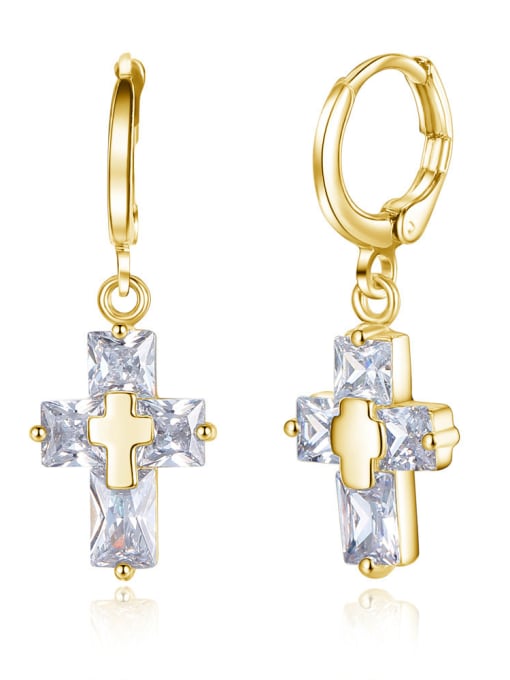 Golden Fashion Square Zirconias Cross Copper Earrings