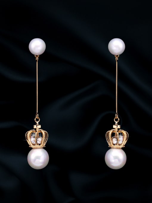 gold Copper With  Artificial Pearl  Simplistic Crown Threader Earrings