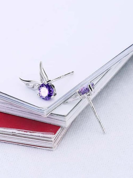 One Silver Fashion Tiny Cubic Purple Zircon Angel Wings Stud Earrings 1