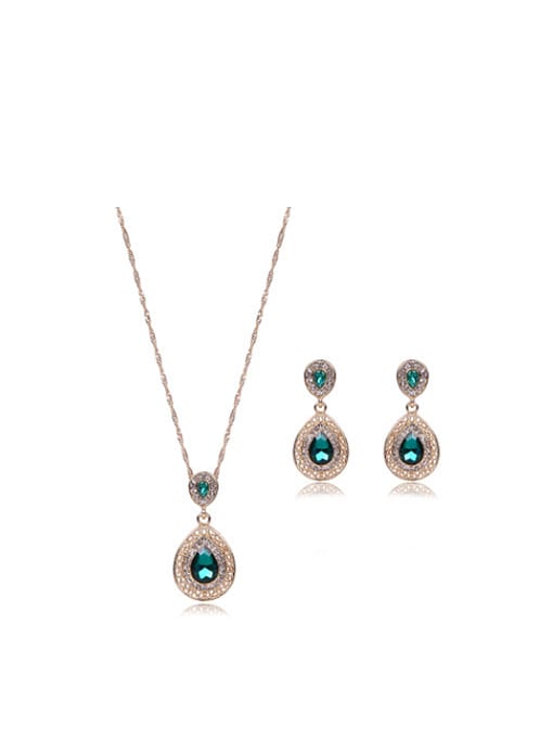 green Alloy Imitation-gold Plated Fashion Water Drop shaped Stones Two Pieces Jewelry Set