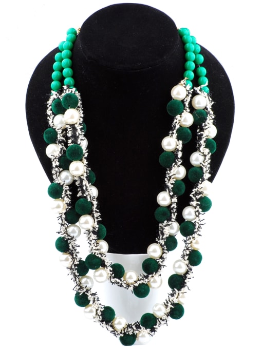 Green Ethnic style Exaggerated Double Layers Pompon Imitation Pearls Necklace