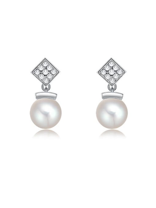Platinum Exquisite Square Shaped Artificial Pearl Drop Earrings