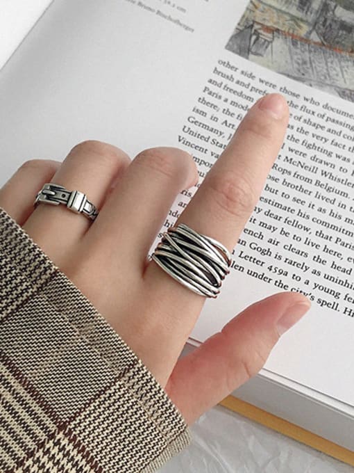 DAKA 925 Sterling Silver With Antique Silver Plated Vintage Multi-layer line free size Rings 3