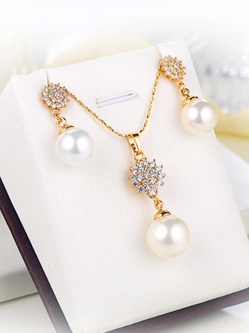 XP Copper Alloy 18K Gold Plated Korean style Pearl and Zircon Two Pieces Jewelry Set 3