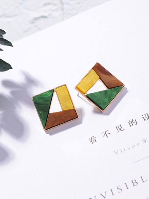 K square (green and yellow) Alloy With Acrylic Texture Coloured Stud Earrings