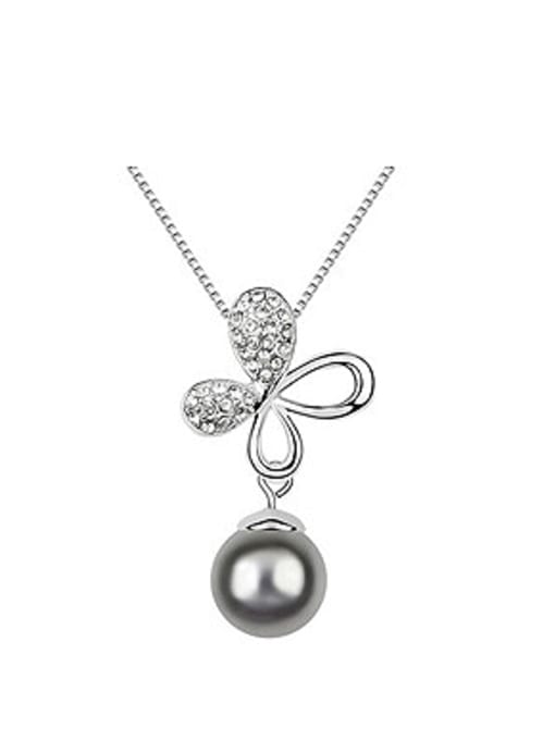 QIANZI Exquisite Imitation Pearl Shiny Crystals-studded Flowery Alloy Necklace 0