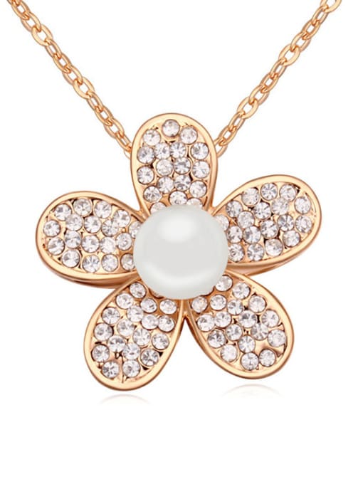White Fashion White Tiny Crystals-covered Flower Imitation Pearl Alloy Necklace