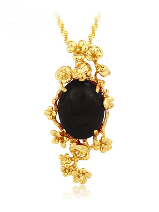 Black Copper 24K Gold Plated Short Retro Flower Gemstone Necklace