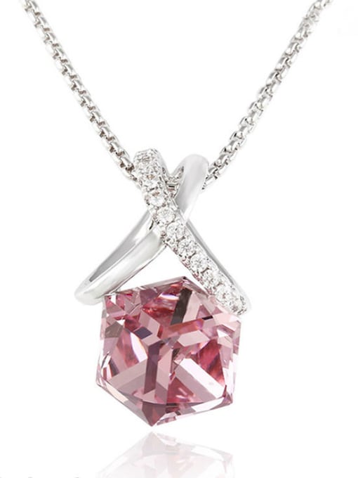 Pink Copper White Gold Plated Cube-shaped Crystal Necklace