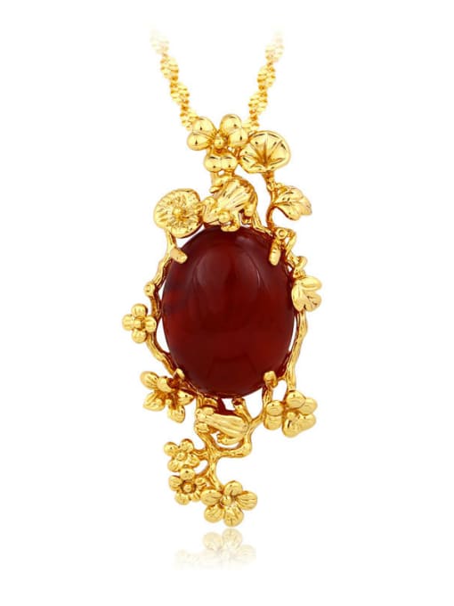 red Copper 24K Gold Plated Short Retro Flower Gemstone Necklace