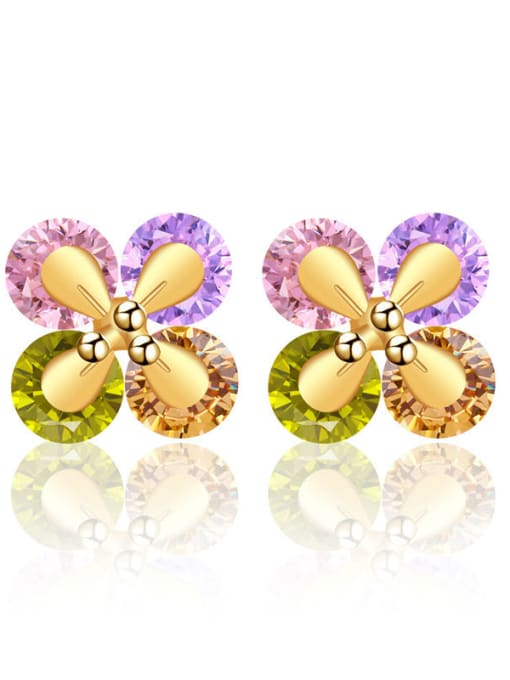 Multi-Color Copper Alloy 24K Gold Plated Multi-color Flower CZ stud Earring