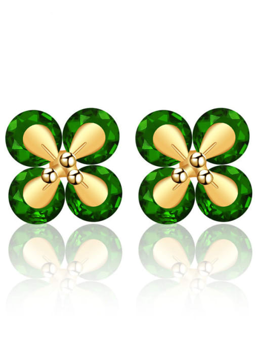 Green Copper Alloy 24K Gold Plated Multi-color Flower CZ stud Earring