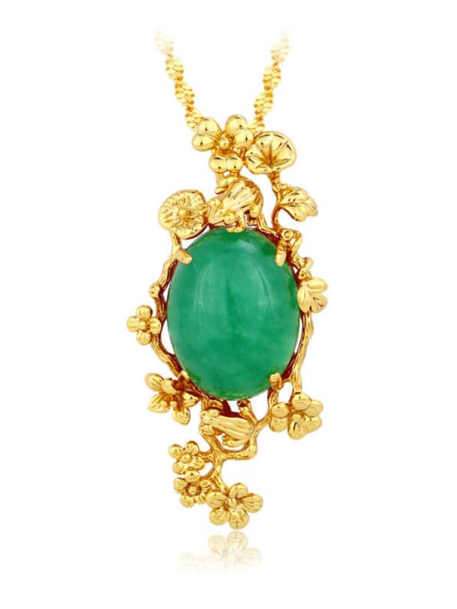 green Copper 24K Gold Plated Short Retro Flower Gemstone Necklace