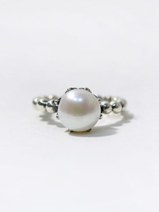 DAKA Simple Artificial Pearl Tiny Beads-band Opening Silver Ring 2