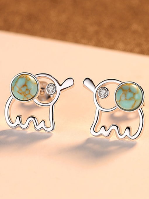 Sliver 925 Sterling Silver WithTurquoise Cute Animal Elephant Stud Earrings