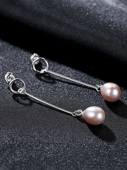 Purple 925 Sterling Silver With Artificial Pearl  Simplistic Oval Long section Drop Earrings