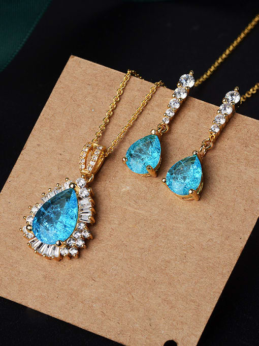 blue+gold Copper With Glass stone Classic Water Drop 2 Piece Jewelry Set