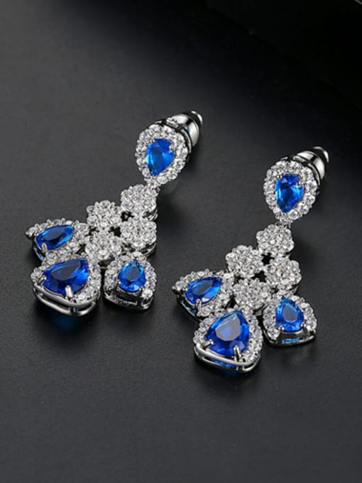 blue-T03B22 Copper With White Gold Plated Luxury Water Drop Cluster Earrings
