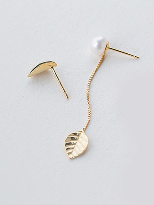 Golden Elegant Leaf Shaped Artificial Pearl Asymmetric Drop Earrings