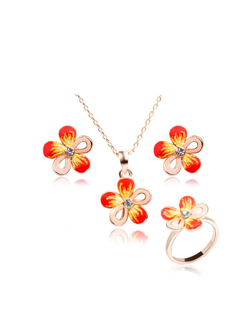 Ring : 7# Exquisite Rose Gold Plated Polymer Clay Flower Three Pieces Jewelry Set
