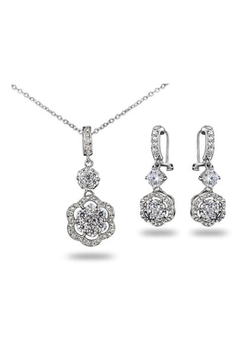 SANTIAGO Exquisite 18K White Gold plated Flower Shaped Zircon Two Pieces Jewelry Set 0