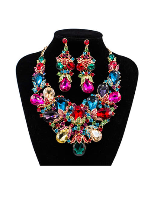 Multi-Color Water Drop Glass and Rhinestones Two Pieces Jewelry Set