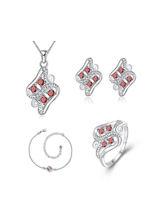 Red Fashion Zirconias Silver Plated Four Pieces Jewelry Set