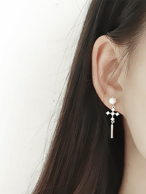 DAKA Fashion White Artificial Pearl Cubic Zircon Cross Silver Stud Earrings 1