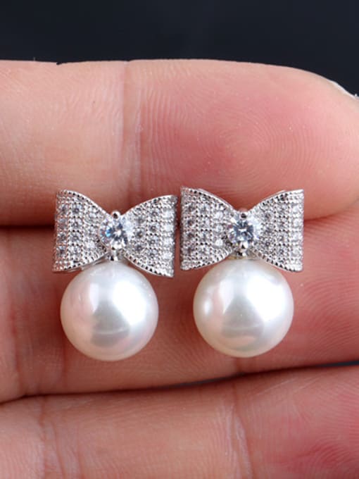 White Sterling Silver Bow  Zircon Pearls Shells Upscale Fashion stud Earring