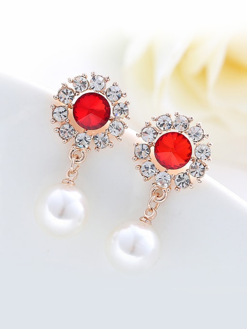 Wei Jia Flowery Red Crystal Artificial Pearl Alloy Stud Earrings 0